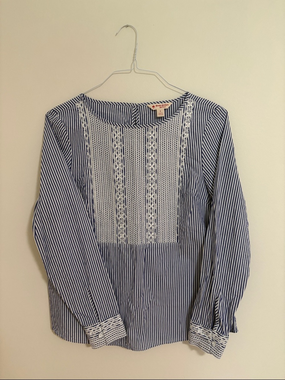 Brooks Brothers Blue and White Striped Lace-Paneled Blouse
